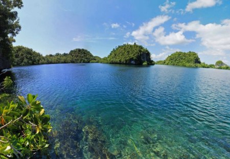 Emerald waters - landscape, trees, forest, jungle, clouds, island