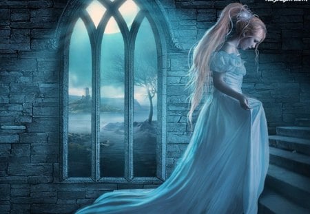 Fantasy Princess - princess, lake, window, castle, tree, fantasy