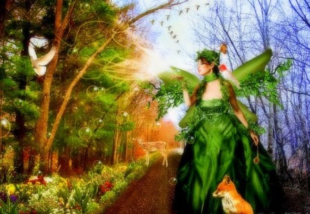 **Green Angel in Springtime** - girls, models, hair, eyes, animals, colorful, wings, florals, spring, face, cool, digital art, garden, grass, birds, tender touch, light, park, deer, fox, butterfly, beautiful, seasons, leaves, sweet, dress, photomanipulation, beauty, women, trees, lips, female, sidewalk, bubbles, wonderful, fantasy, softness, pretty, green, cute, butterflies, love, lovely, plants, sparkle, bird, splendor, flowers, colors