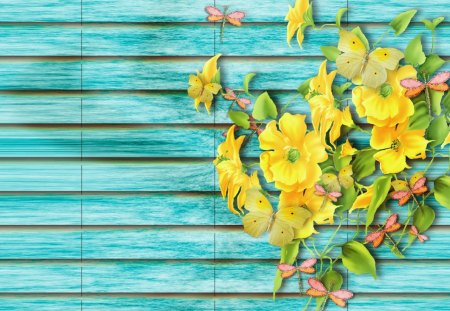 Flower Shutter - dragonflies, wings, summer, spring, white, pretty, yellow, blue, beautiful, leaves, green, flowers, butterflies