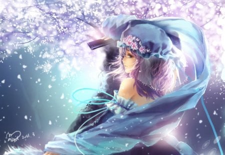 Saigyouji Yuyuko - saigyouji yuyuko, anime, female, dress, night, light, short hair, touhou, sparks, pink hair, hat, blue flower, anime girl, hot, girl, cap, petals, glow, cute, floral, sexy