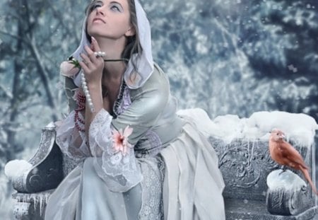 Wishing - bird, fantasy, winter, lady, snow, wishing