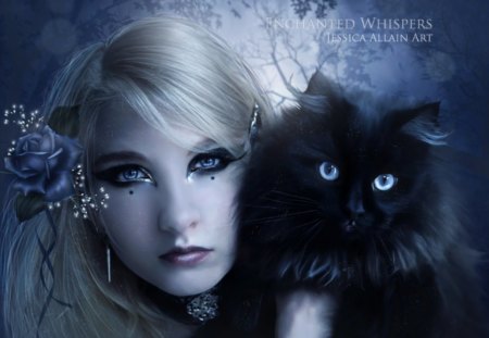 Midnight Blue - lady, fantasy, light, cat, artwork, woman, midnight, blue