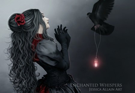 The Gift - woman, lady, gift, black, fantasy, raven, bird, witch, halloween, artwork