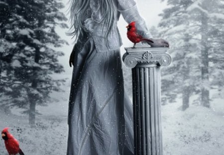 Winters End - fantasy, birds, winter, end, lady, snow