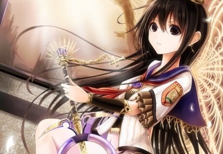 The Scepter - anime, tiara, anime girl, female, wing, royalty, hot, crown, girl, scepter, long hair, wings, fairy, black hair, cute, sexy