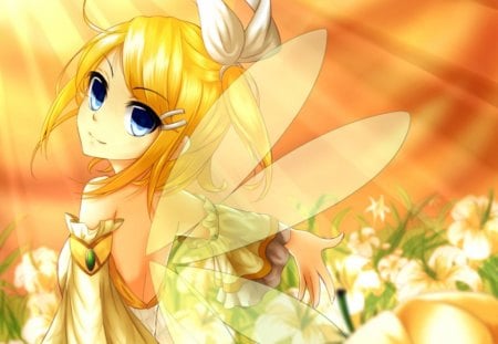 Rin Fairy - female, hot, blond, wings, anime girl, blond hair, rin, blonde hair, yellow, kagamine, petals, anime, ribbon, cute, short hair, sexy, girl, kagamine rin, light, vocaloids, floral, vocaloid, wing, blossom, fairy, blonde, flower