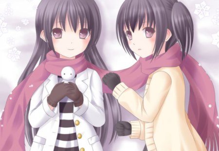 Winter Scaft - nice, female, brown eyes, anime girl, scaft, sweater, brown hair, white, cold, pretty, anime, cute, snowman, girl, winter, long hair, snowflakes, lovely, kawaii, snow, sweet, friend