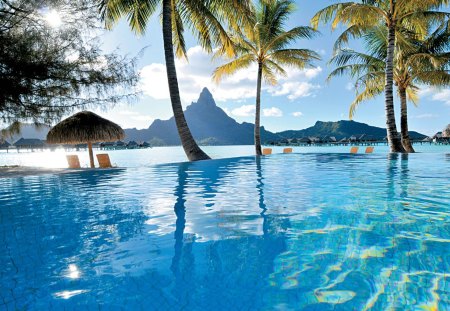 Thalasso Spa Bora Bora French Polynesia - paradise, water, polynesia, volcano, french, thalasso, lagoon, holiday, desert, resort, palm trees, ocean, swim, mountain, swimming, tropical, borabora, peak, exotic, luxury, blue, island, spa, south pacific, pool, sea, retreat, tahiti