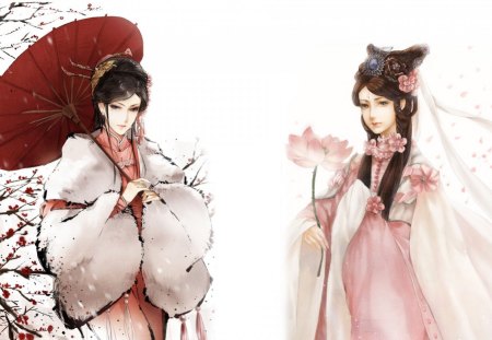 Beautiful princesses - beauty, woman, princess, girl, fantasy, asian, spring, lotus, geisha, game, pink, red, umbrella, flower