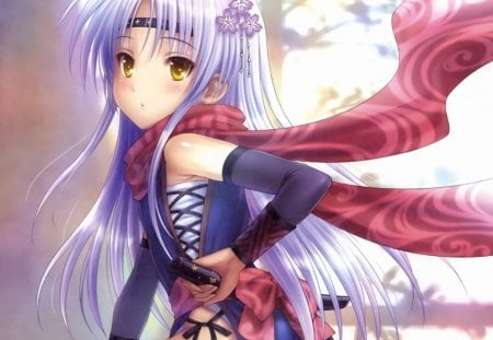 Ninja - female, kanade, anime girl, armor, blade, kanade tachibana, katana, ninja, angel beats, anime, sword, yellow eyes, tachibana, girl, warrior, fighter, long hair, purple hair, weapon, tachibana kanade