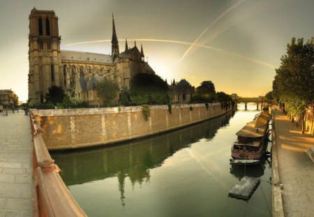 notre dame cathedral by the seine river - cathedral, boats, river, bridges, dusk