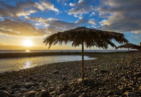 palm tree umbrellas on a stone beach - beach, stones, sunset, umbrellas