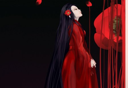 Geisha - beauty, vector, girl, fantasy, asian, black, art, geisha, red, poppy, flower