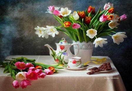 Tulips and tea - spring, flowers, art, artist, vase, abstract, delicate, photography, chocolate, beauty, colors, tea, still life, petals, tulips, nature, soft, floral, cup