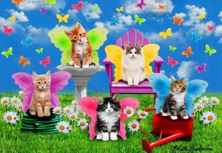 Kittens-butterflies - nice, sky, freshness, fluffy, kittens, colorful, spring, kitties, pretty, clouds, cute, daisies, grass, butterflies, adorable, lovely, cats, beautiful, sweet, flowers, friends, photo