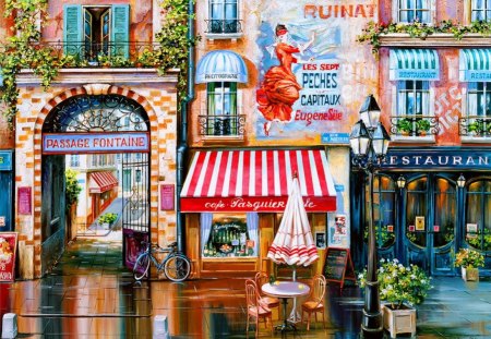 Passage fontaine - pretty, fountain, town, cafe, bike, fintaine, movie, nice, art, passage, water, beautiful, lovely, village, street, painting, market, restaurant