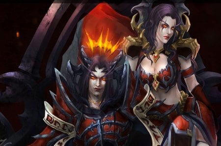 World or Warcraft - woman, demons, black, fire, fantasy, flame, purple, queen, game, world of warcraft, man, coule, yellow eyes, girl, throne, king, creature, red, blue