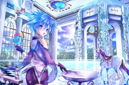 Fantasy world - drink, girl, wings, fantasy, white, horde, pink, castle, blue, interior, anime, animal, green, fairy, manga, fly