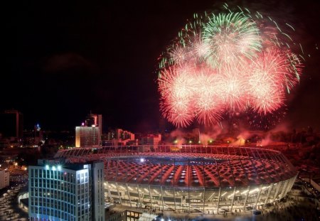 superb fireworks over stadium - city, night, stadium, fireworks