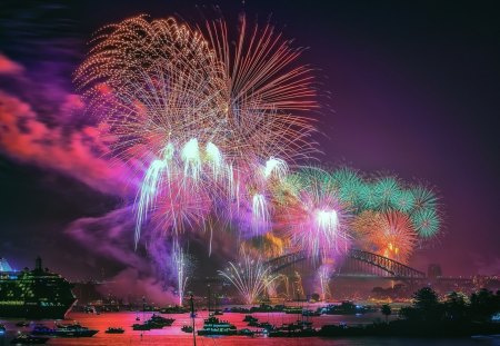 amazing fireworks in sydney bay - firewirks, lights, ships, night, bridge, bay