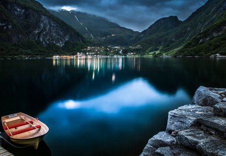 wonderful calm lake - village, lake, clouds, mountains, boat, rocks