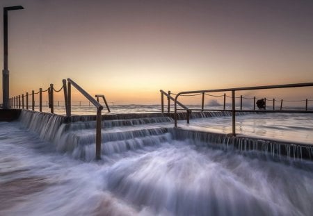 sea flooding beach terrace - rails, terrace, steps, sea, waves