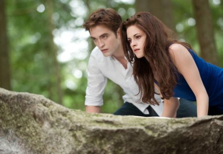 Hunting - hunting, robert pattinson, movie, bella swan, vampire, fantasy, blue dress, green, tree, rock, yellow eyes, stone, kristen stewart, love, couple, twilight saga, edward cullen, nature, forest, creature