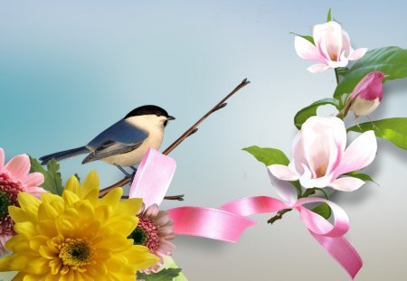 Spring Summer Flowers - branch, birad, summer, spring, fragrant, bow, fleur, floral, twig, ribbon, flowers, chickadee