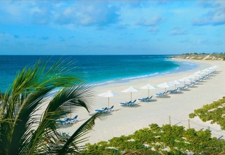  A Paradise Beach - sand, chairs, water, blue