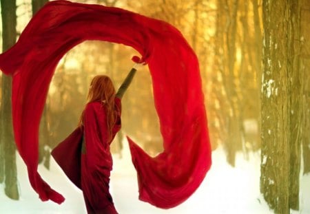 Forest girl in red - red dress, girl, forests, trees