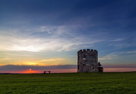 sunset on a mini castle - moon, bech, castle, sunset, grass