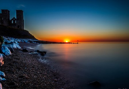 cathedral ruins on seashore at sunset - ruins, sunset, cathedral, shore, sea