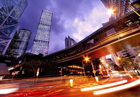 beautiful skyscraper bridge at night - street, lights, skyscrapers, city, bridge