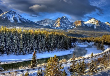 railway along a river through a forest hdr - river, railway, hdr, forest, mountain