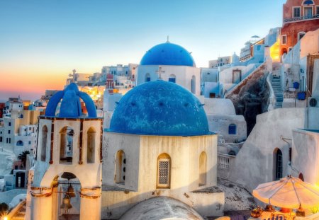 blue domed church on a greek isle - hill, domes, town, church