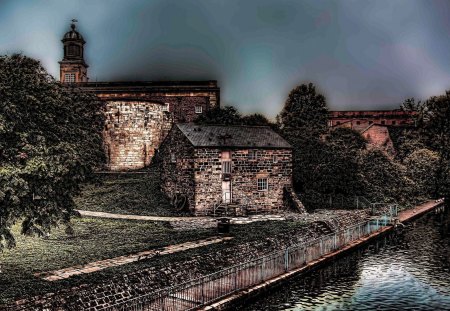 fantastic lakefront of old brick buildings - brick, photo, trees, buildings, waterfront