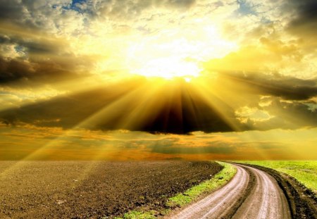 sunbeams over arable fields - clouds, beams, fields, road, sun