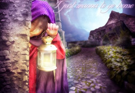 I Just wanna Go Home - child, lantern, fantasy, home