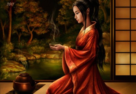 Tea Ceremony - fantasy, tea, kimono, lady