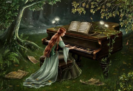 Forest Piano - piano, fantasy, forest, lady