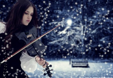 Playing - lady, winter, music, violin, playing