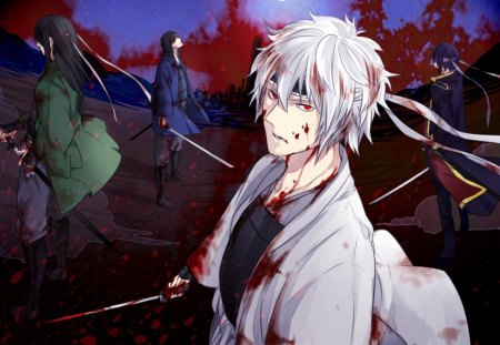 Joui War - blood, moon, anime, swords, headband, katsura kotaro, weapons, night, red eyes, male, sakata gintoki, takasugi shinsuke, tatsuma sakamoto, gin tama, katana, shiroyasha