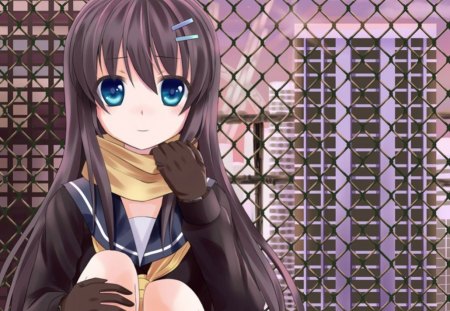 Brown Hair Girl - house, anime, anime girl, female, kawaii, girl, brown hair, fence, long hair, scaft, cute, building, gloves, blue eyes