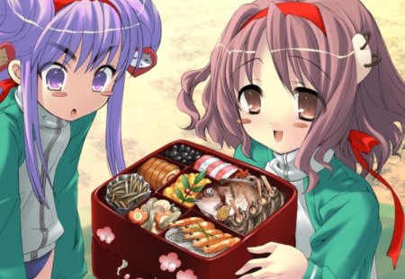 Looks so Delicious ... Can I have  Some? - anime, lunch box, kawaii, female, food, long hair, short hair, purple hair, seafood, anime girl, hungry, girl, prawn, brown hair, lunch, delicous, cute, sushi, fish