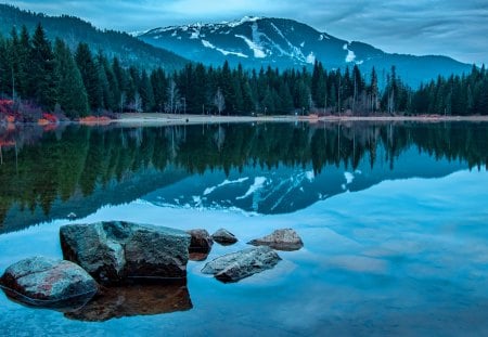 Lost lake - nice, sky, trees, water, clear, rocks, lost, calm, amazing, quiet, pretty, reflection, evening, emerald, dusk, lake, mountain, shore, peaks, lovely, serenity, nature, blue, beautiful, stones