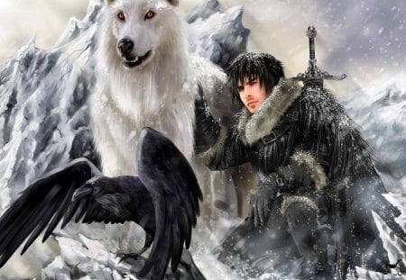 Warrior And His Loyal Companions - fantasy, winter, warrior, wolf, raven, cool