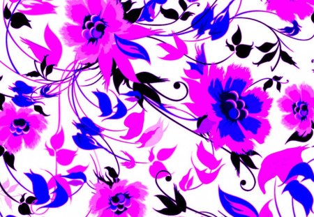 Flowers - blue, vector, pattern, flower, pink, black, textures, white, purple, leaf