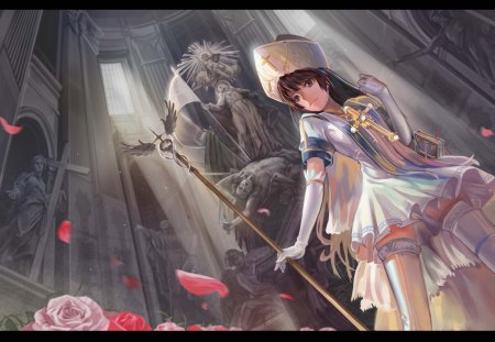 Arc Bishop - wand, anime, female, dress, rod, weapon, statue, hat, specter, anime girl, hot, staff, girl, cap, flower, petals, rose, cute, floral, cross, sexy, building