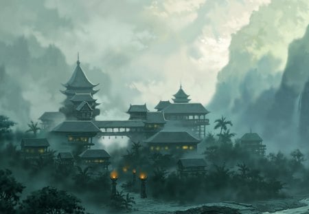 Fantasy land - yellow, blue, china, light, mountain, jade dynasty, view, land, sky, game, buildings, fantasy, nature, world, temple, cloud, asian